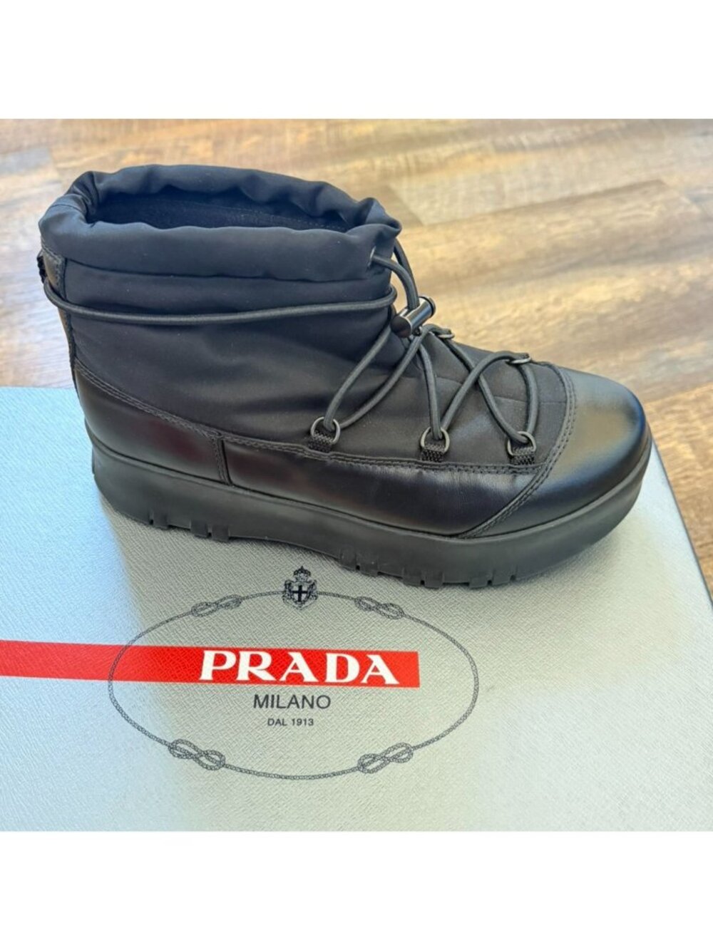 Prada Linea Rossa Drawstring Leather Hiking / Winter Boot Black (Nero)